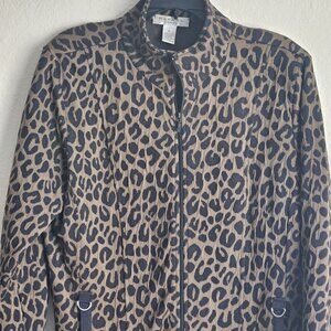 Leopard print stretch Career office Workwear black brown pocket XL zipper jacket
